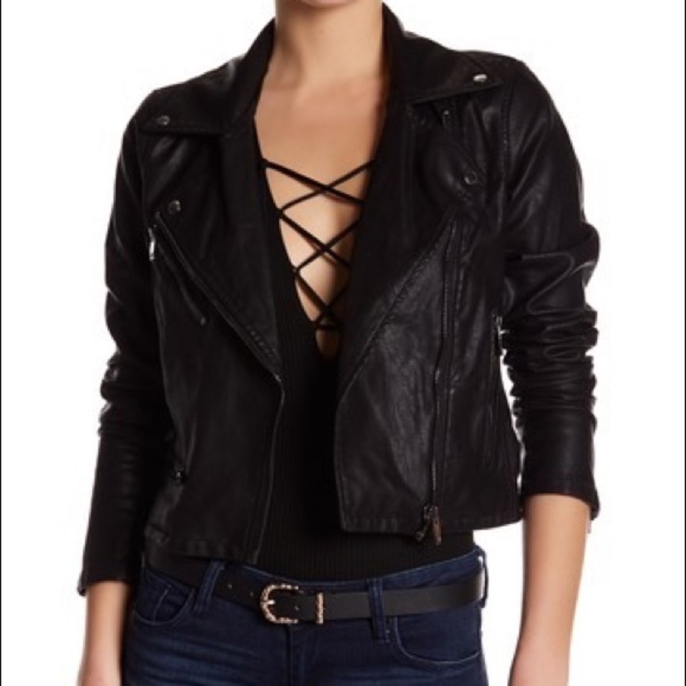 BLANKNYC Denim Faux Leather Moto Jacket